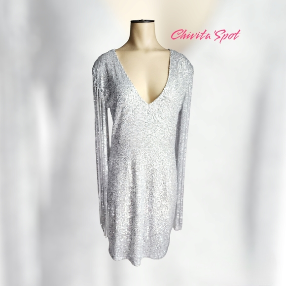 🏷🆕️ Sexy Deep-V Sequin Glitter Tassel Sleeve Party Mini Dress - Silver - L - Picture 14 of 16
